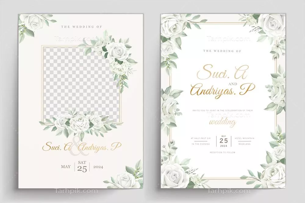 وکتور ست کارت دعوت با طرح شاخه گلهای سفید و شیک و البوم دو قسمتی