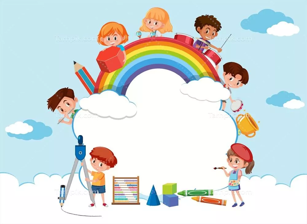 وکتور بنر ابری خالی با تصویر کارتون بچههای مدرسهای برای طراحی