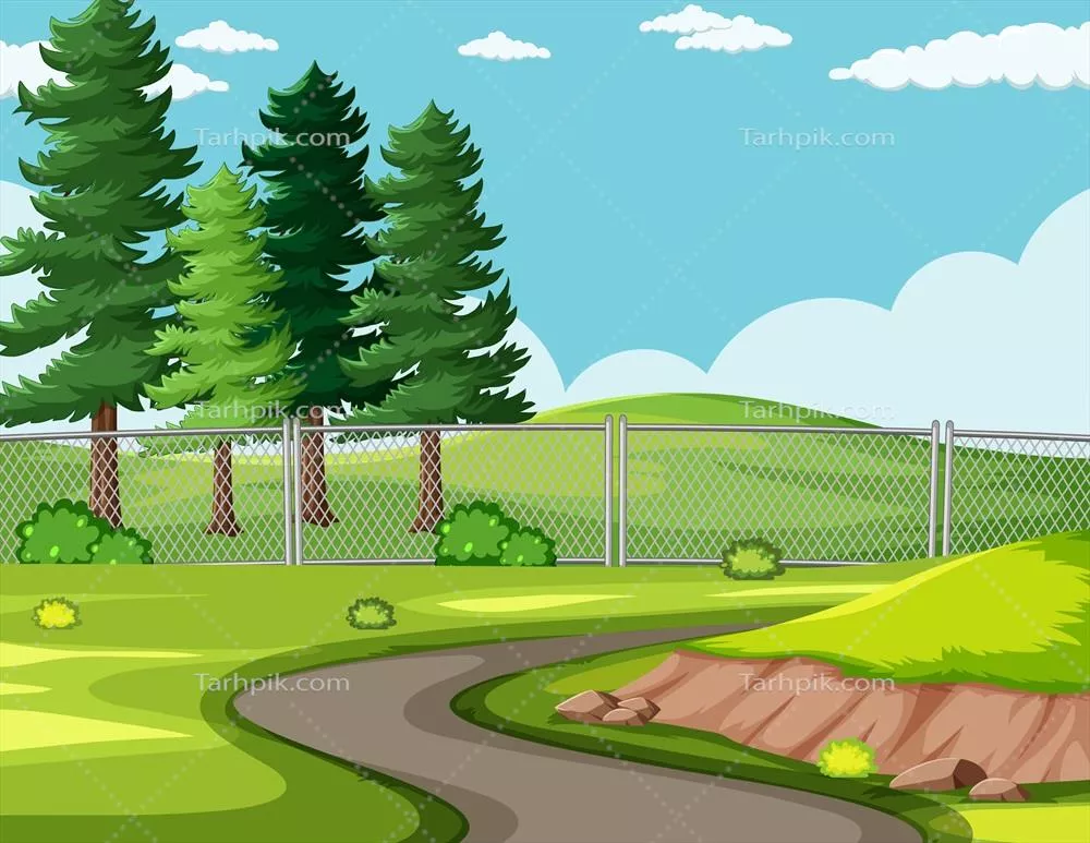 تصویر وکتوری از منظره ای آرام و خالی در پارک با جاده و درختان