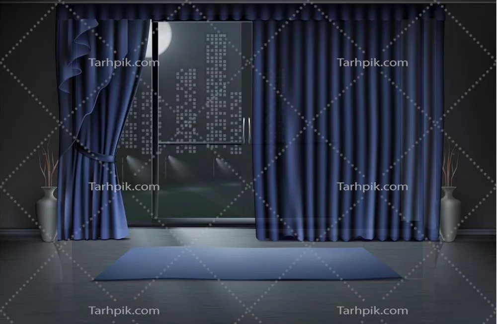 وکتور اتاق خالی شبانه با در شیشهای بزرگ و پردههای آبی، مناسب برای یوگا