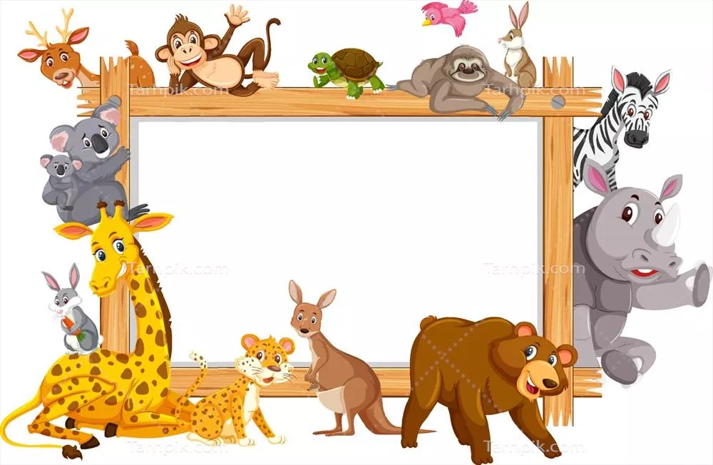 وکتور قاب چوبی خالی با تصاویری از حیوانات وحشی مختلف در فضای طبیعی