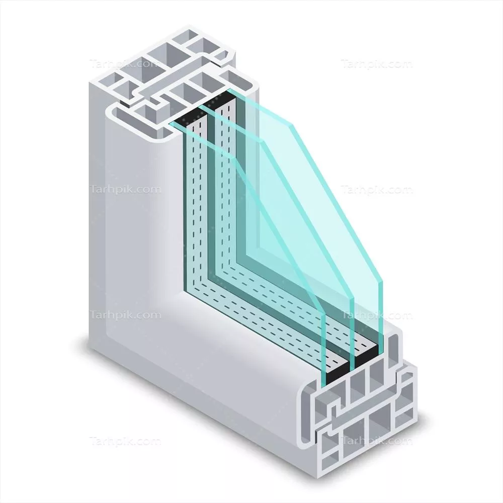 وکتور مقطع نمایشی پنجره های باصرفه انرژی با پروفیل پلاستیکی و ساختار پنجره زاویه ای