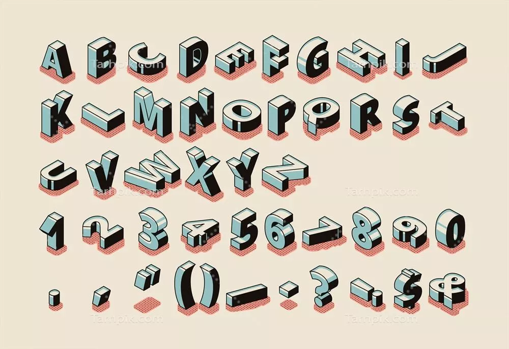 وکتور مجموعه ایزومتریک حروف الفبای انگلیسی با نمادها و علائم نگارشی