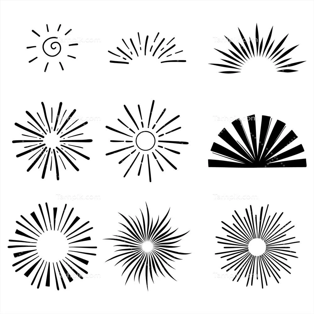 مجموعه وکتور طراحی شده به صورت دستی با تصاویر نمادین از تابش های خورشید