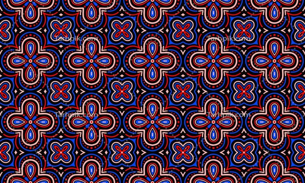 وکتور پسزمینهی انتزاعی قومی با گلهای زیبا به رنگهای قرمز و آبی و سیاه