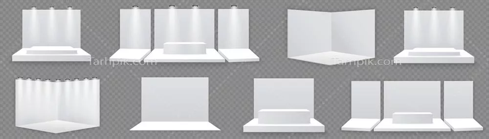 وکتور ایستگاه نمایش سفید و خالی برای تبلیغات با میزی در طراحی مینیمالیستی