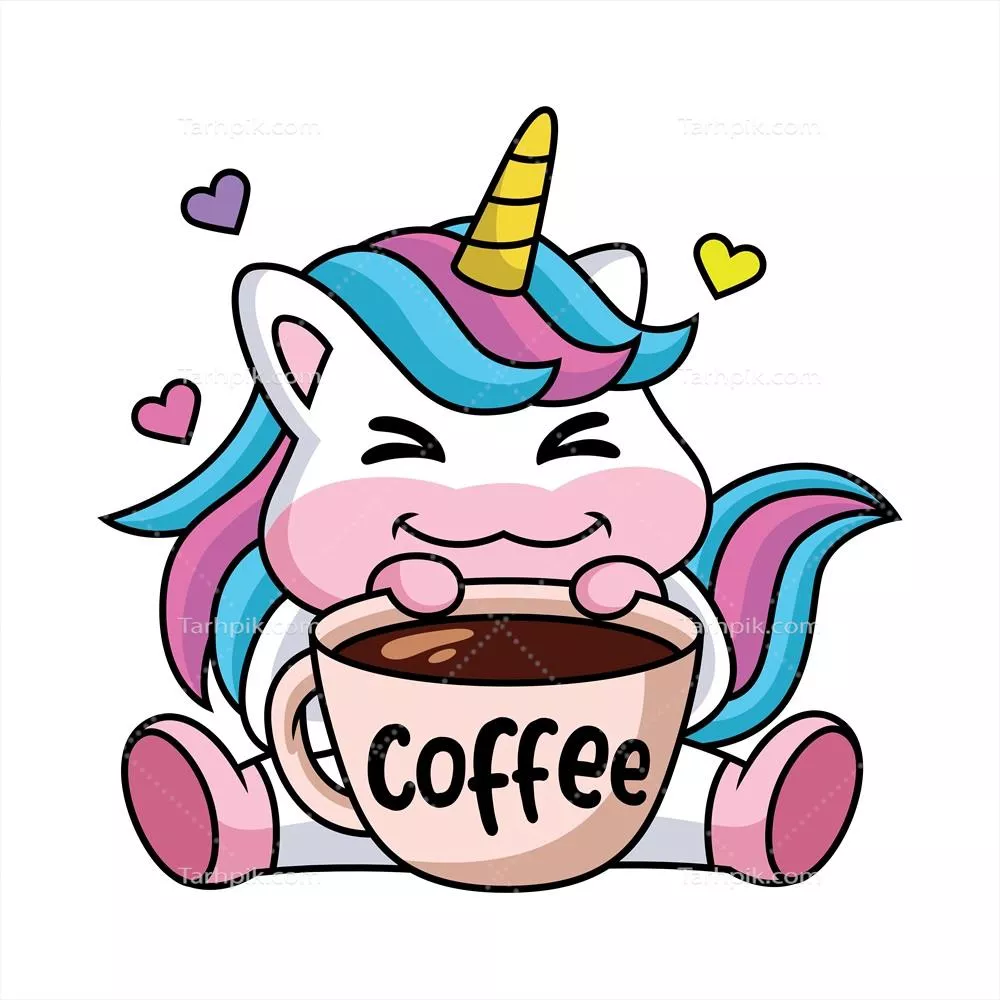 وکتور یابیشتربهیادداشتشما: یک یونیکورن کارتونی بامزه و شاد با فنجان قهوه