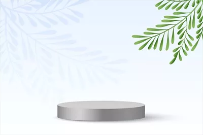 وکتور پودیم ایستاده واقعی و جذاب با طراحی برگ در پس‌زمینه گرافیکی