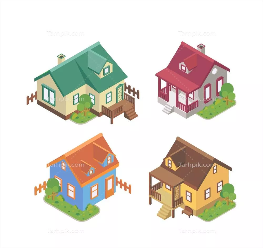مجموعه نمای ساختمان ها به سبک ایزومتریک وکتور