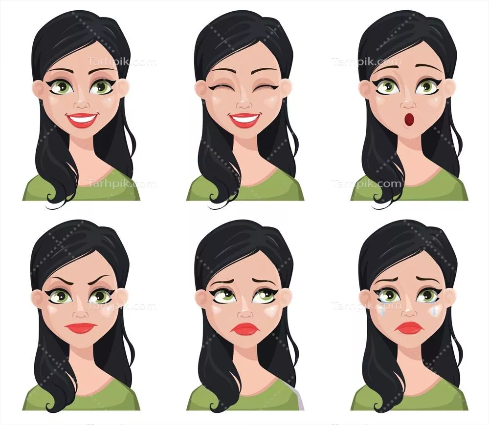 وکتور چهره و حالت صورت زن زیبا با موهای قهوهای: جذابیت و احساسات