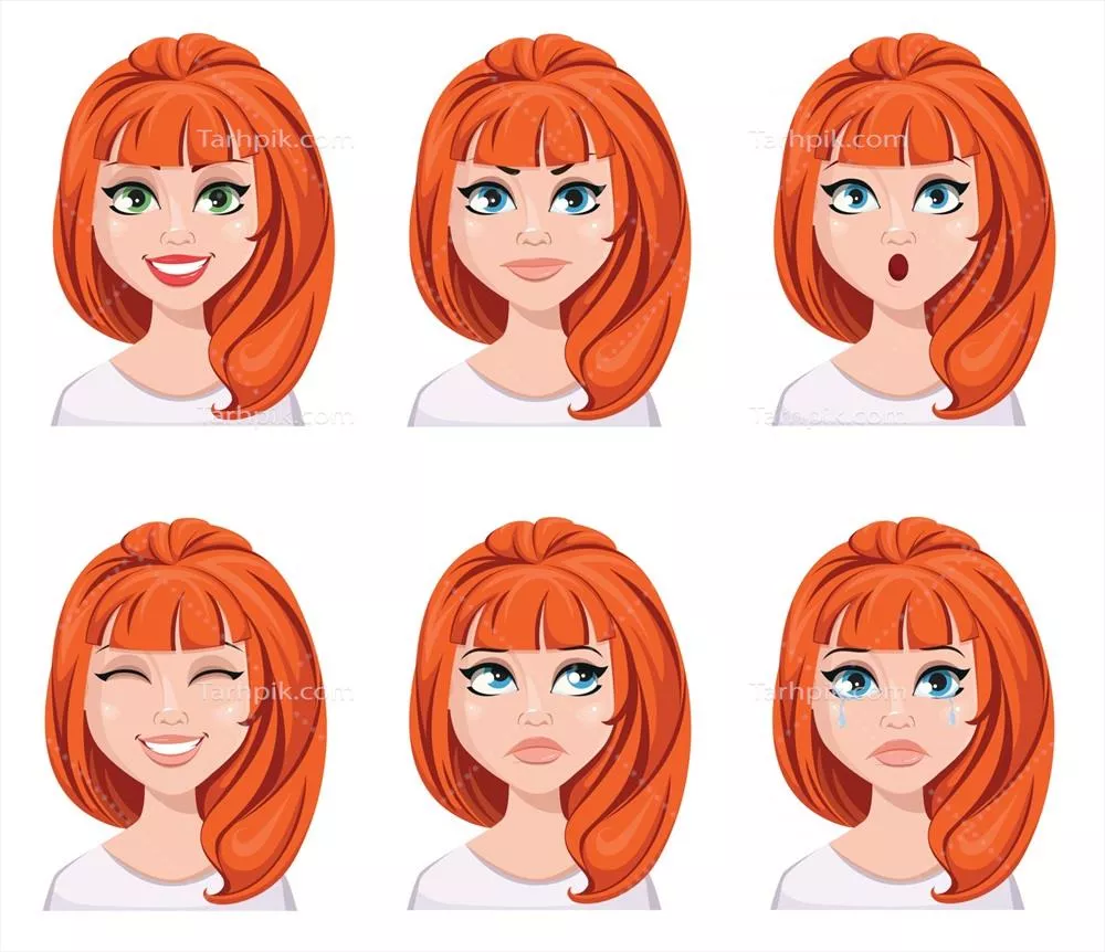 وکتور مجموعهای از حالات چهره زن سرخمو با احساسات مختلف