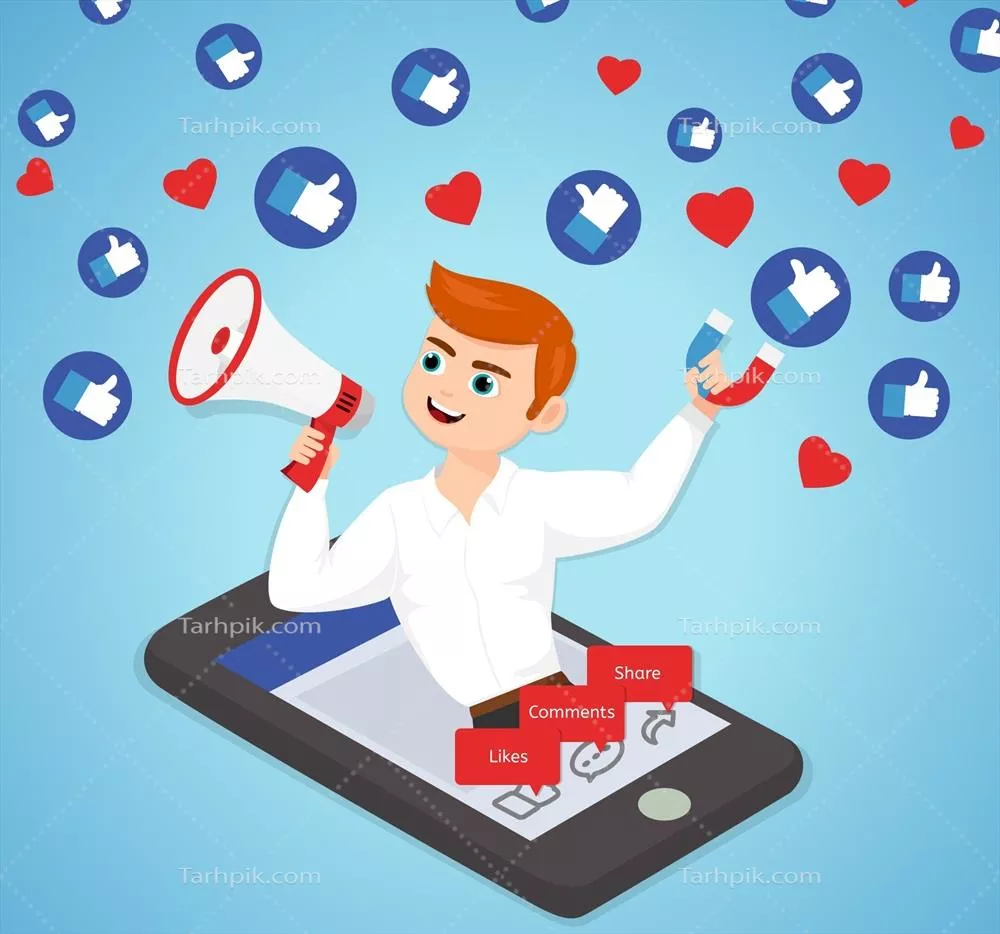 پسزمینه اینفلوئنسر فیسبوک با دستگاهها و شکلکهای احساسی وکتور