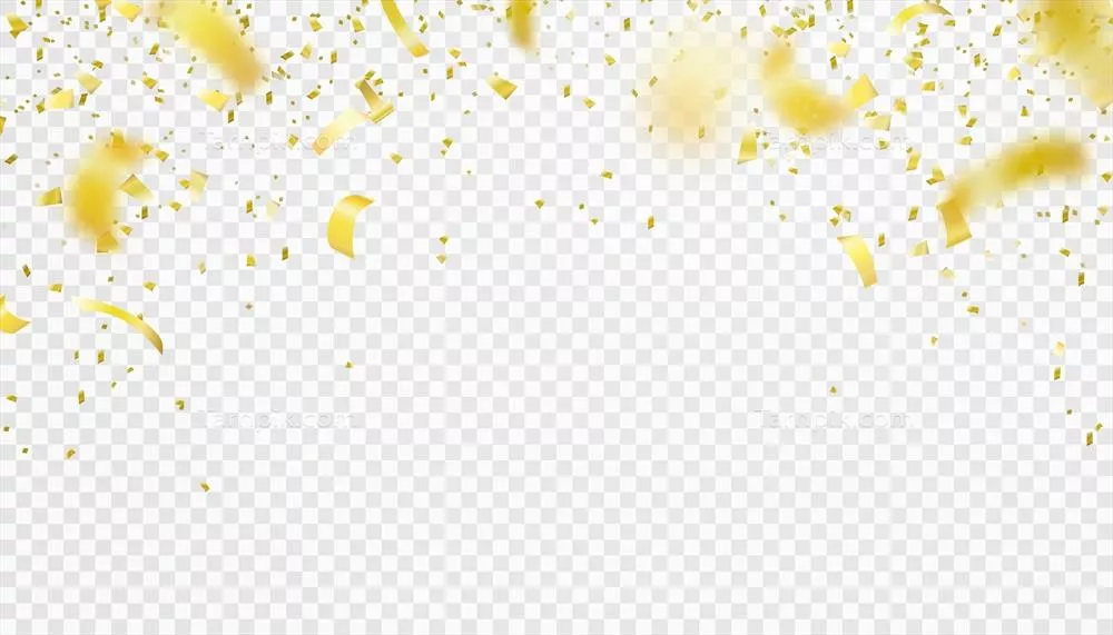 وکتور طراحی تزیینی با کنفتی در حال افتادن و حاشیه طلایی درخشان و تندیس پرنده