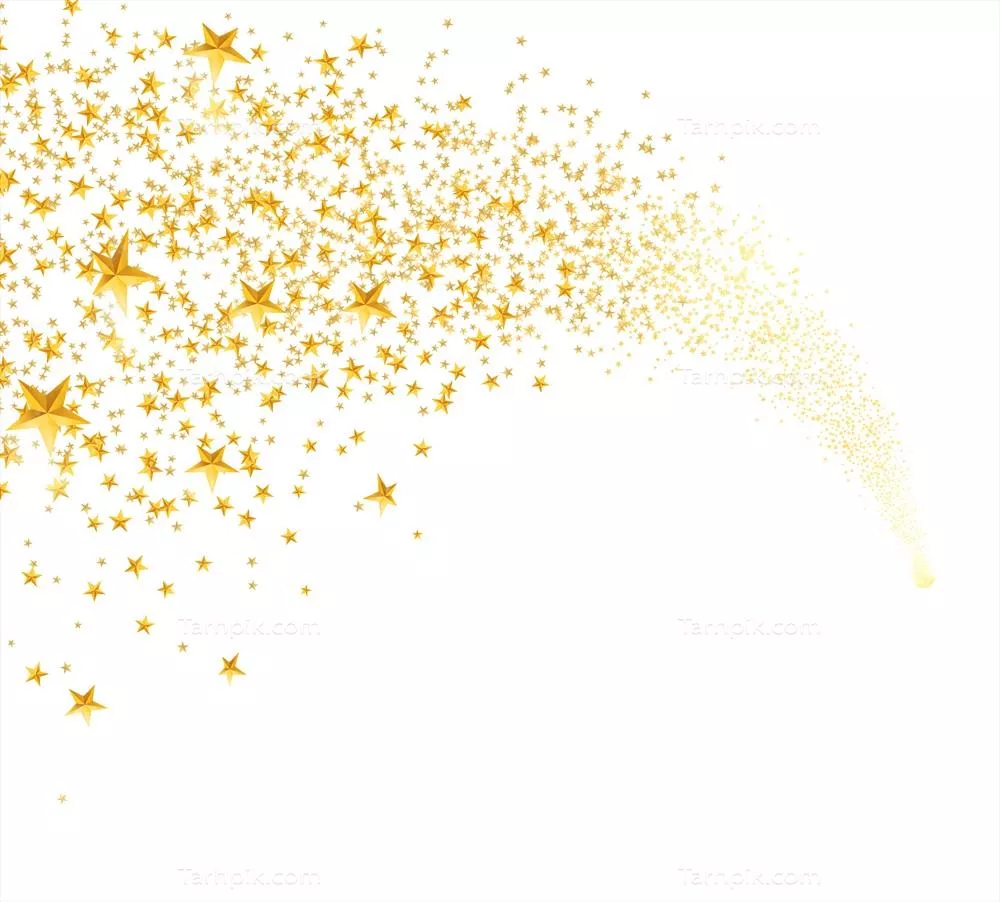 وکتور ذرات ستارهای طلایی در حال سقوط با رد دایرهای بلند در فضای سفید