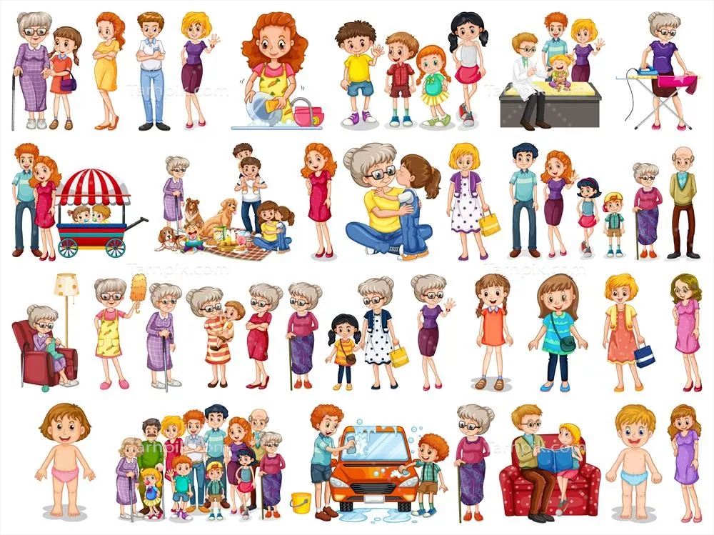 وکتور نقاشی شخصیت های اعضای خانواده با تنوع و ویژگی های مختلف