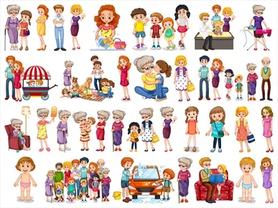 وکتور نقاشی شخصیت های اعضای خانواده با تنوع و ویژگی های مختلف