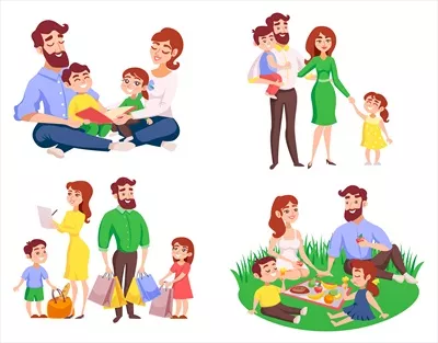 مجموعه وکتوری خانواده با سبک کارتونی نوستالژیک و قدیمی