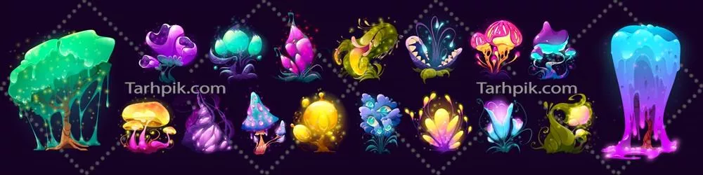 شکوفهها و قارچهای فانتزی از سیاره بیگانه به صورت وکتور