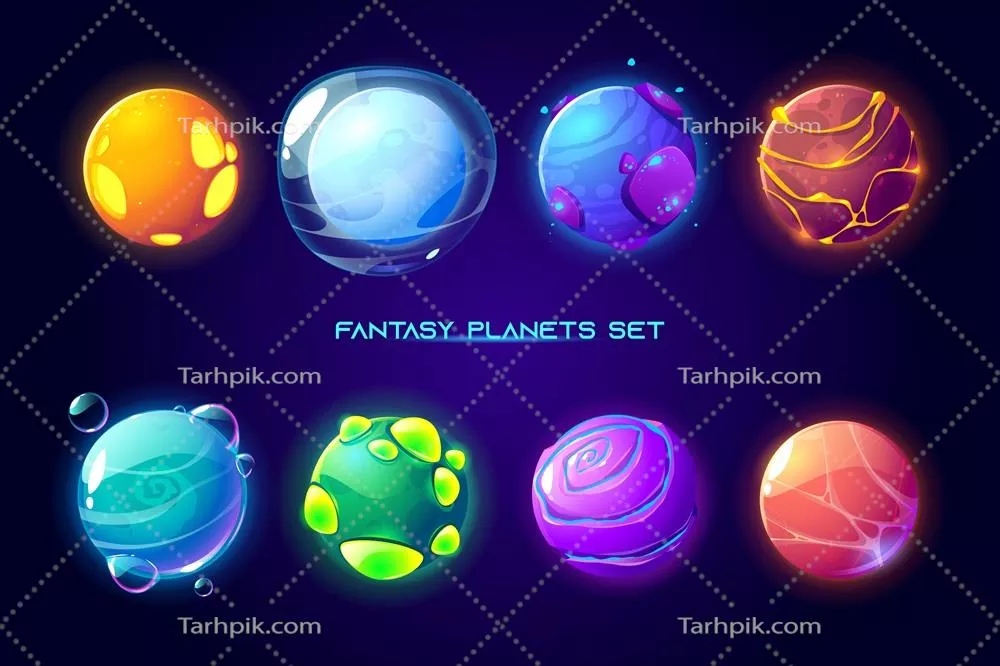 وکتور طراحی رابط کاربری بازی کهکشان با تم سیارههای فضایی و فانتزی