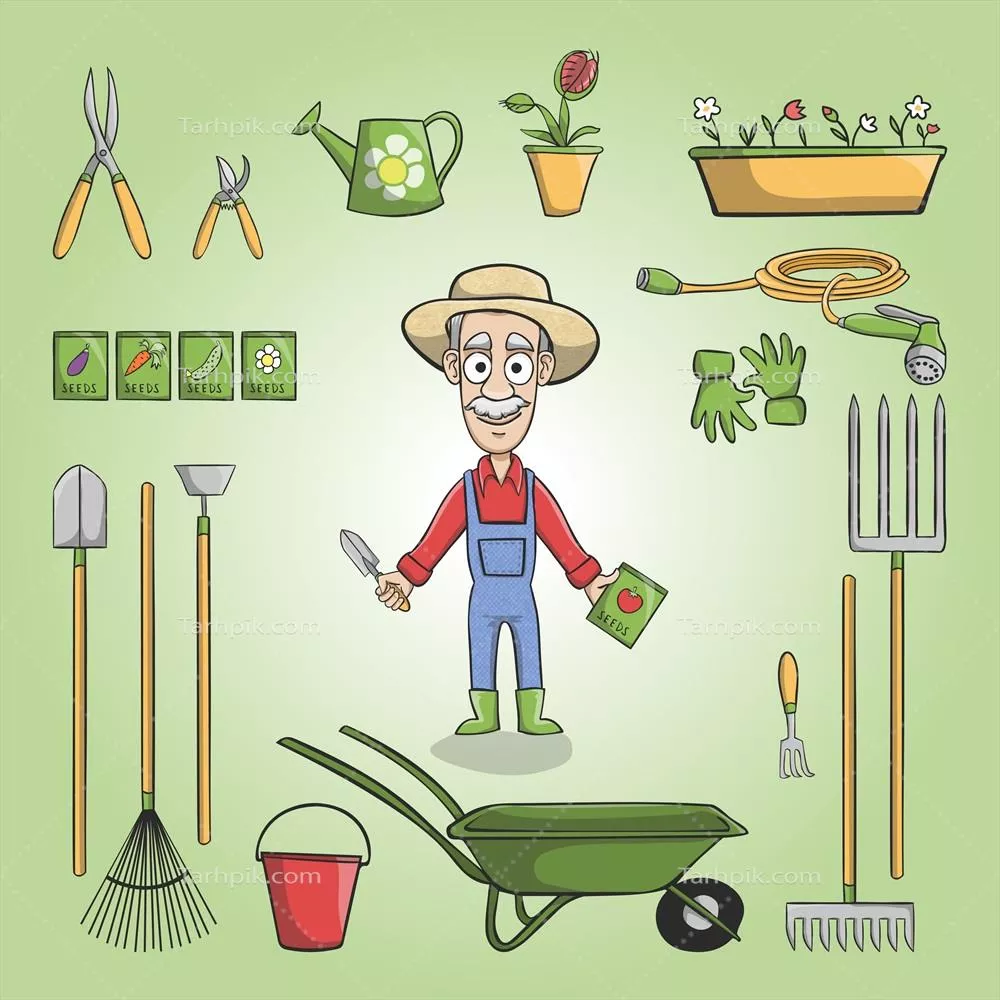 کشاورز با ابزارهایش - تصویر وکتور از فعالیت‌های کشاورزی