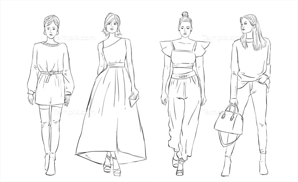مجموعه طراحی مد با مدلها در سبک وکتور برای الهام بخشی و خلاقیت در مد