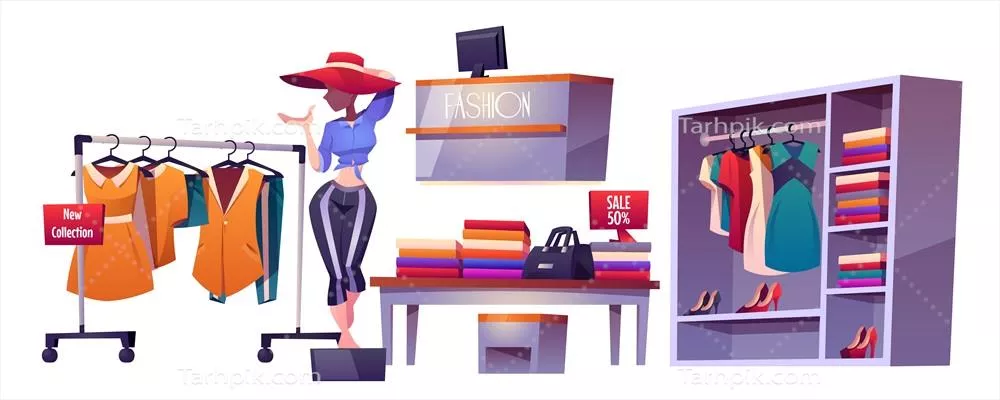 وکتور طراحی داخلی فروشگاه مد با دکوراسیون و مانکن های جذاب