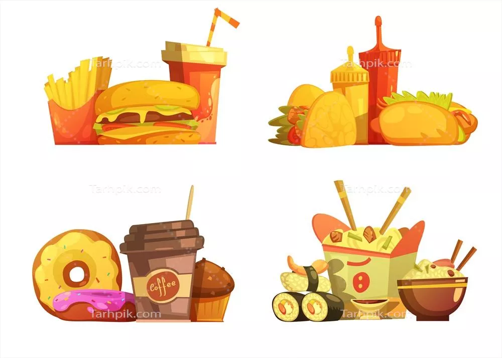 وکتور نمونه‌ای از منوی غذاهای فست فود با طراحی کارتونی و تنوع غذاها