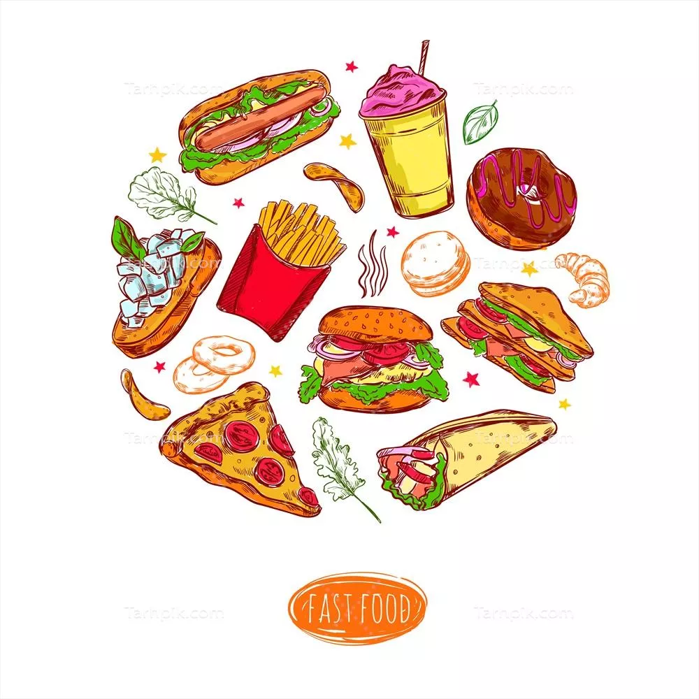 تصویری گرد از فست فود با طراحی وکتور جذاب و زیبا