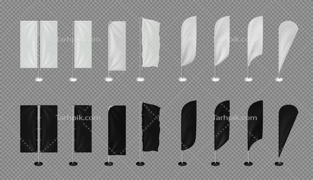 موکاپ واقعگرایانه پرچم تبلیغاتی با پر، مجموعهای از وکتورها