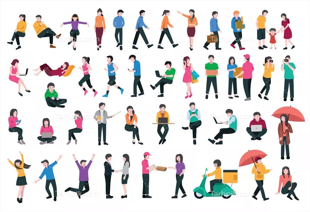 وکتور مجموعه طراحی شخصیتهای فعالیتهای زنانه و مردانه برای استفاده در پروژههای هنری