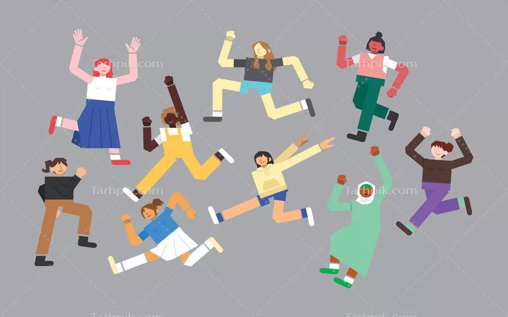 وکتور مجموعه ای از شخصیت های زن در حال دویدن و پرش با طراحی هندسی مسطح