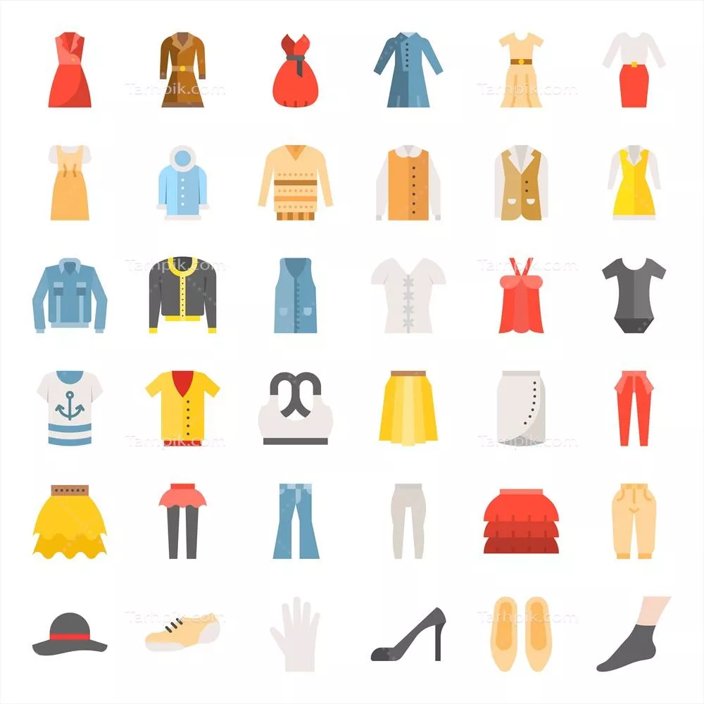 وکتور کتابخانهای از نمادهای تخت لباس زنانه، کیف، کفش و لوازم جانبی - مجموعه ۳