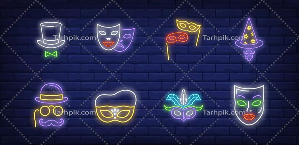 مجموعه ماسکهای جشنوارهای با نمادها به سبک نئون - طراحی وکتور