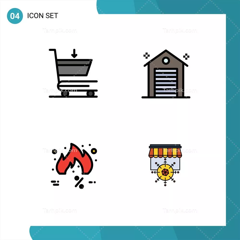 وکتور بسته چهار عددی نمادهای جهانی با رنگ تخت و طراحی خط پرشده