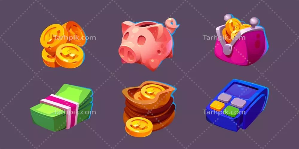 وکتور مجموعه آیکون های بازی مالی شامل سکه طلایی در کیف پول