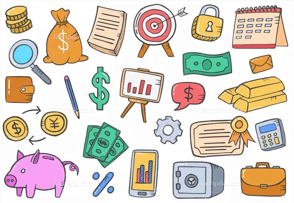 وکتور مجموعه‌هایی از داک‌‌ها و طراحی‌های دست‌کشیده درباره امور مالی و مالیات