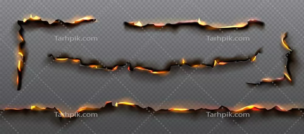 تصویر وکتور لبههای کاغذ سوخته با شعلههای آتش نارنجی-قرمز
