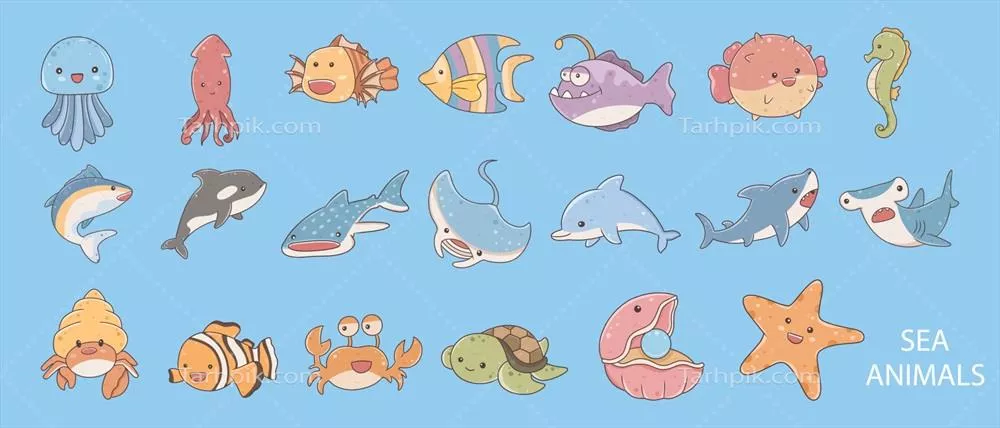 وکتور مجموعهایی از ماهیها و موجودات دریایی وحشی در پسزمینه آبی