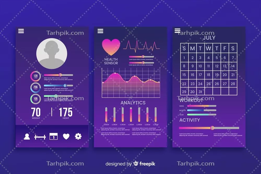 اینفوگرافیک طراحی مسطح اپلیکیشن موبایل تناسب اندام به صورت وکتور