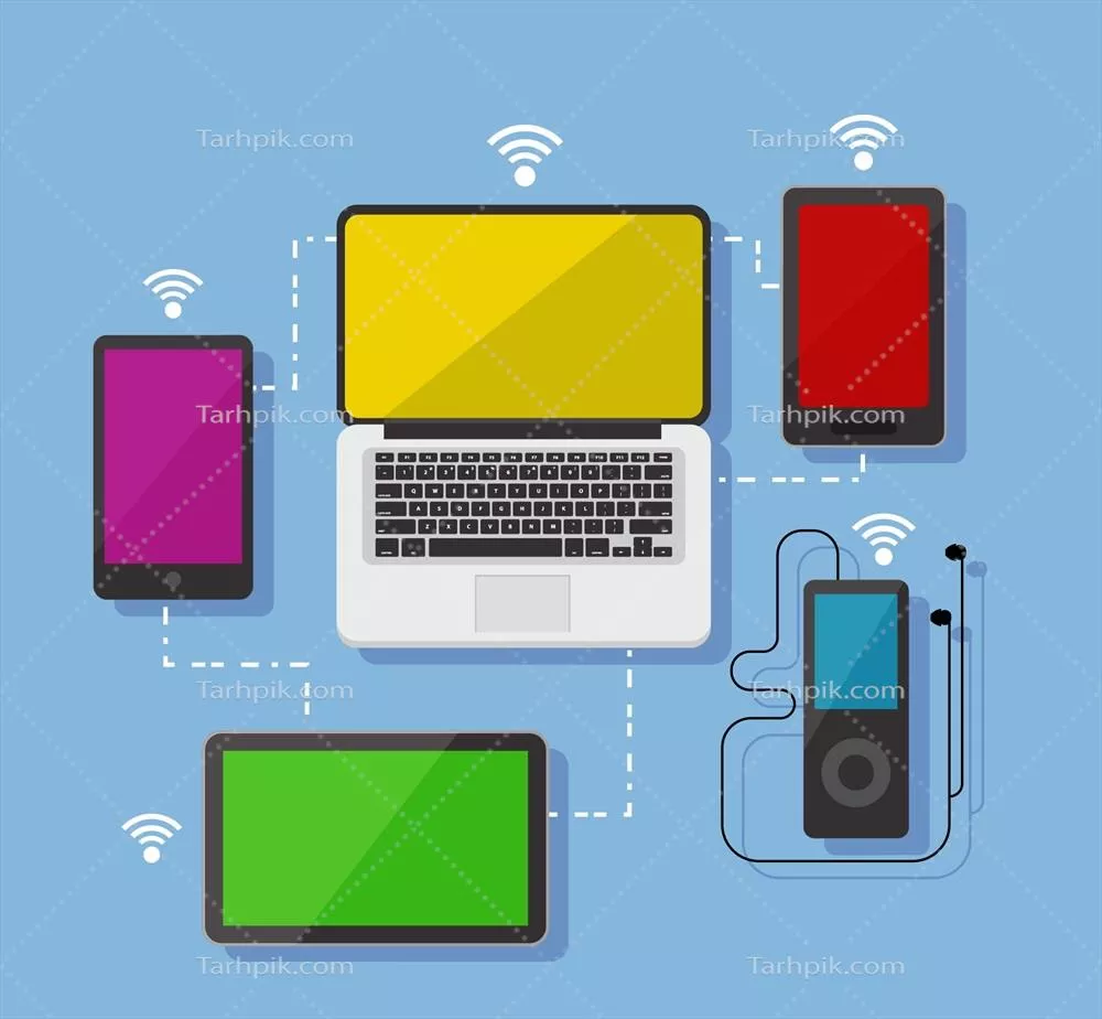 Devices الکترونیکی با پسزمینه صاف و سیگنال وایفای به صورت وکتور