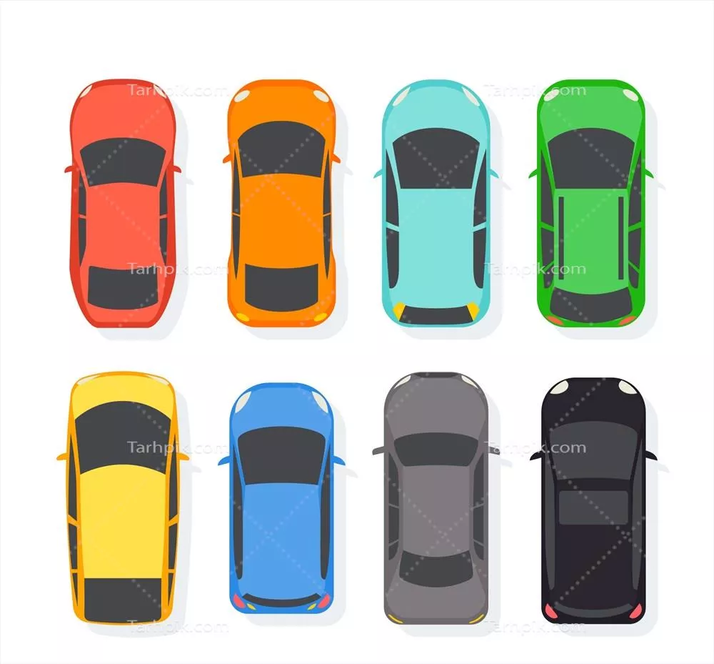 وکتور تصویری از مجموعه خودروهای تخت از نمای بالایی با جزئیات برجسته