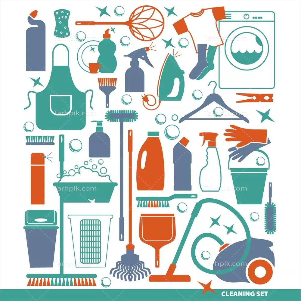وکتور تنظیم ابزارهای نظافت تخت و مناسب برای استفاده در طراحی و گرافیک