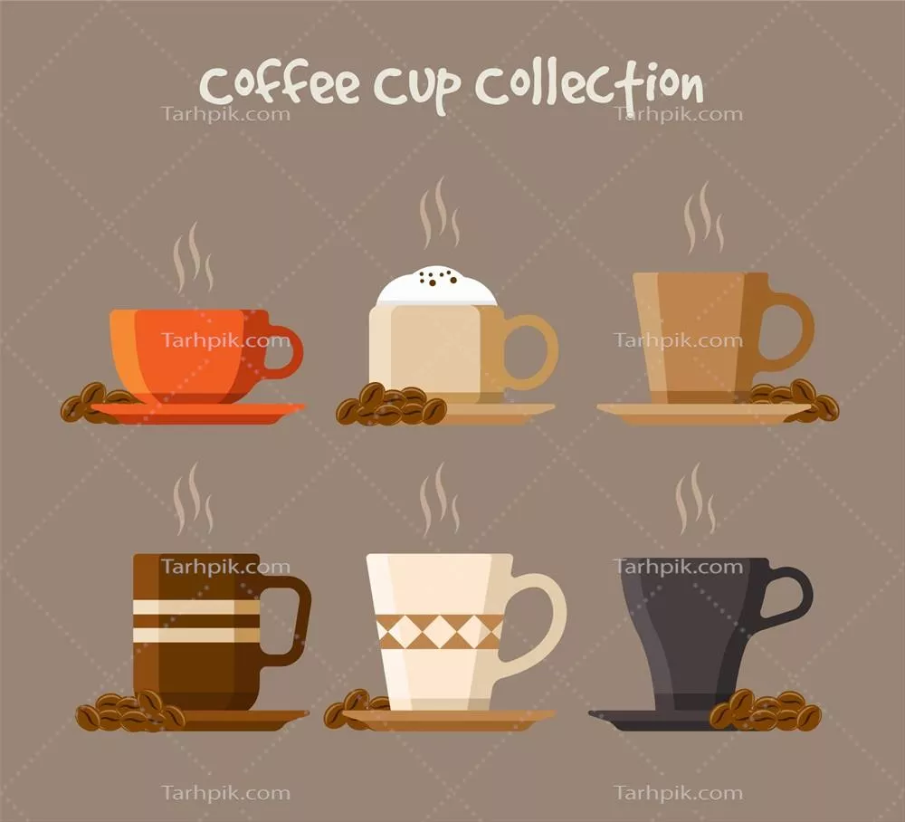 وکتور مجموعه گرافیکی فنجانهای قهوه تخت با طراحیهای زیبا و متنوع