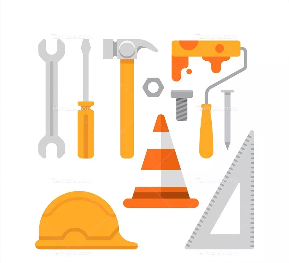 مجموعه ای از ابزارهای ساختمانی تخت و وکتوری برای طراحی