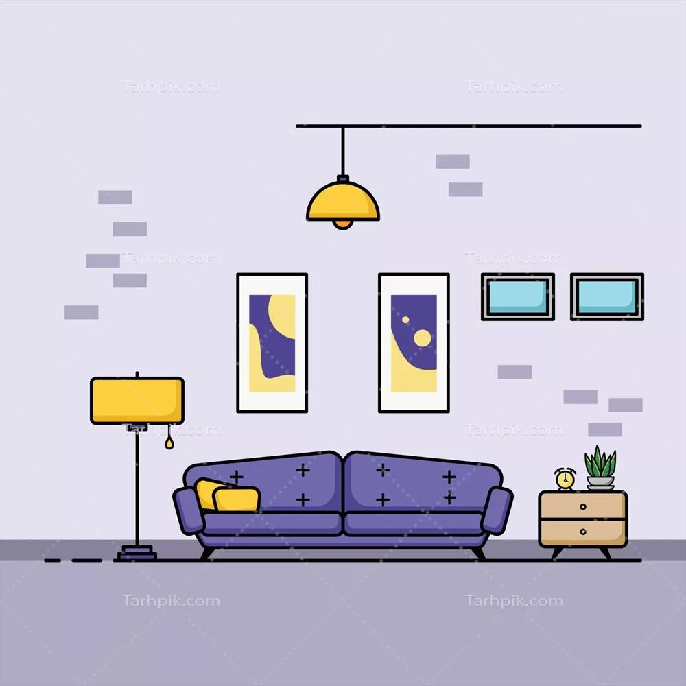 وکتور طرح طراحی تخت از دکوراسیون اتاق نشیمن با مبلمان شیک و مدرن