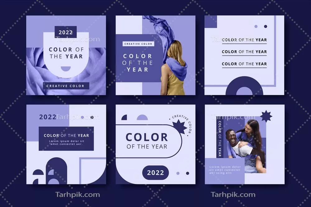 وکتور مجموعه پست های اینستاگرام طراحی نزدیک به واقعیت رنگ بنفش بسیار پری