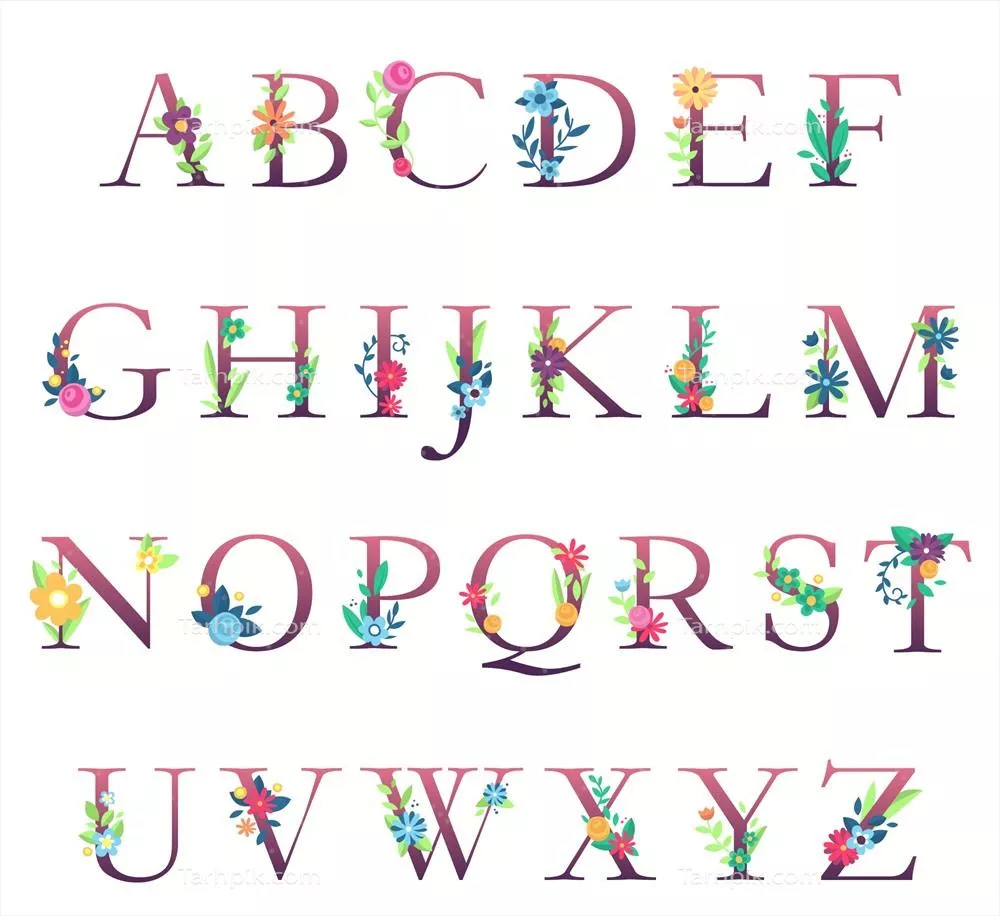 وکتور طرح حروف الفبای گلدار و تخت برای طراحیهای هنری و گرافیکی