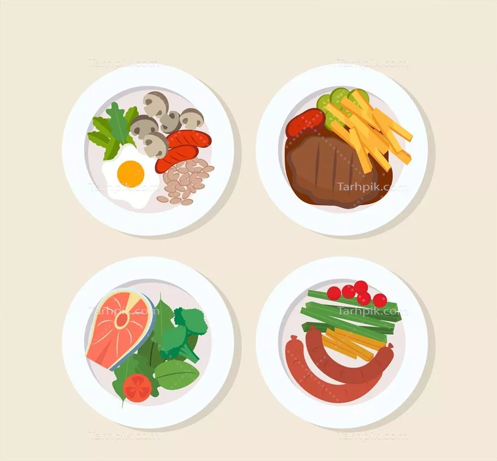 کلکسیونی از ترسیمات وکتوری غذاهای مسطح و خوشمزه