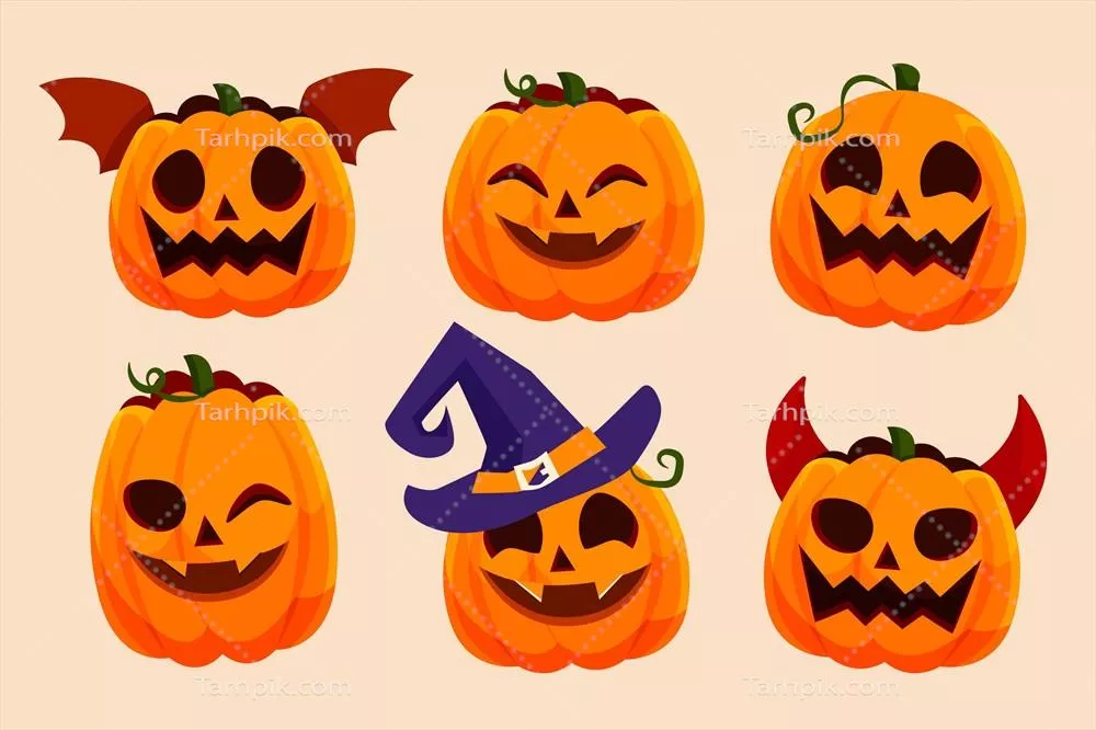 مجموعه وکتور کدو تنبل های مسطح برای هالووین با طراحی جذاب و متنوع