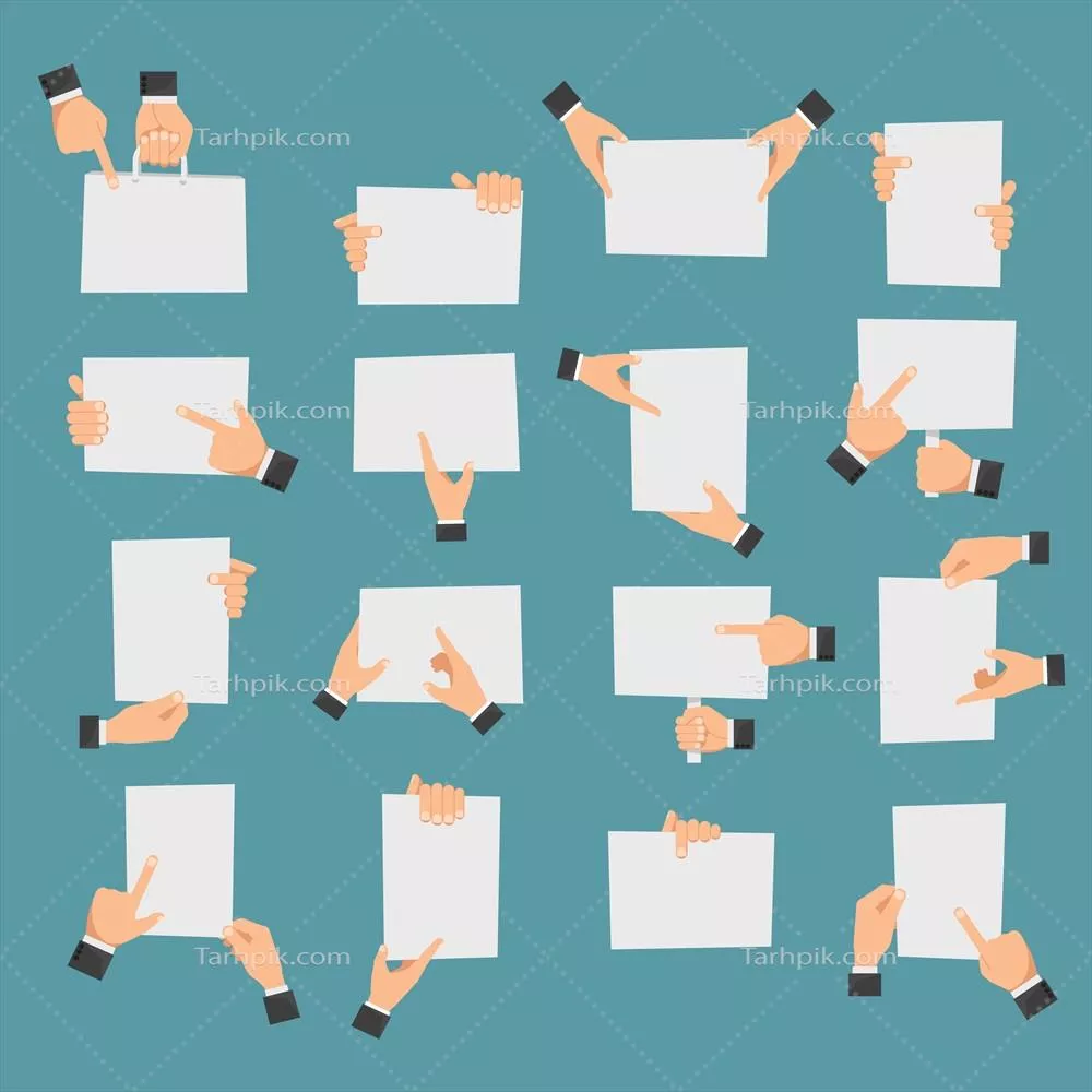 وکتور دستهای صاف که بنرها را نگه داشتهاند و به قطعات خالی کاغذ اشاره میکنند